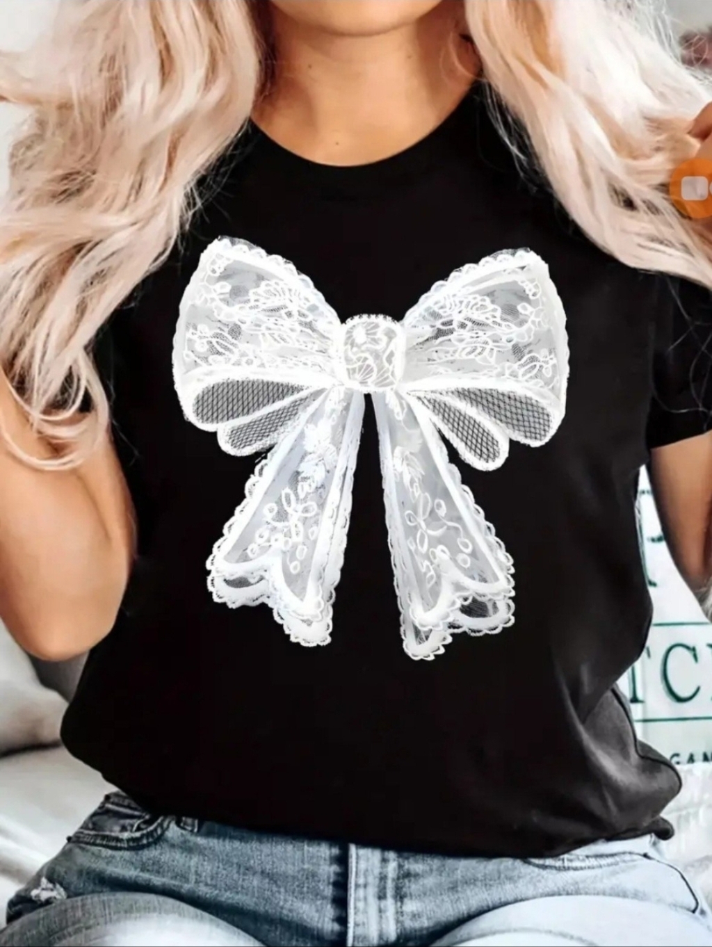 Graphic Tee White Lace Bow Graphic